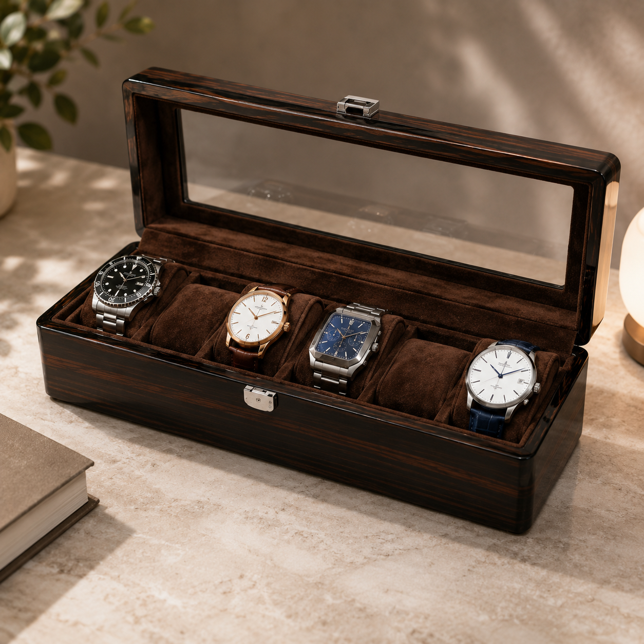 Boîte à montre 6 montres - vue ouverte, finition acajou