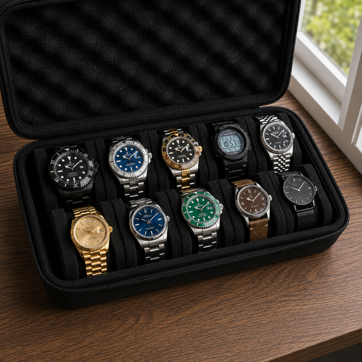 Coffret 10 montres - vue ouverte, rangement complet