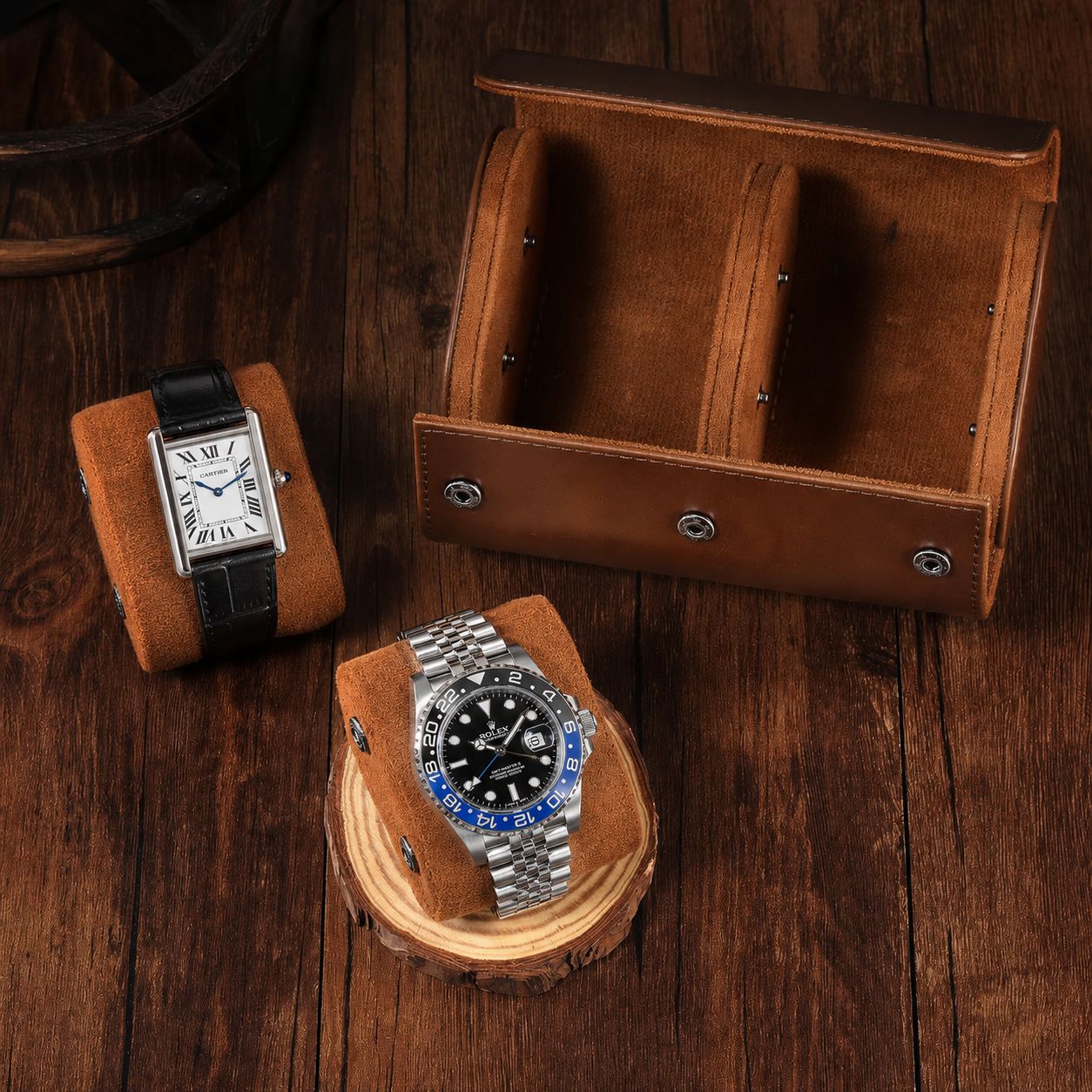 Étui montre de voyage rouleau en cuir premium pour 2 montres - vue principale SwissTouch