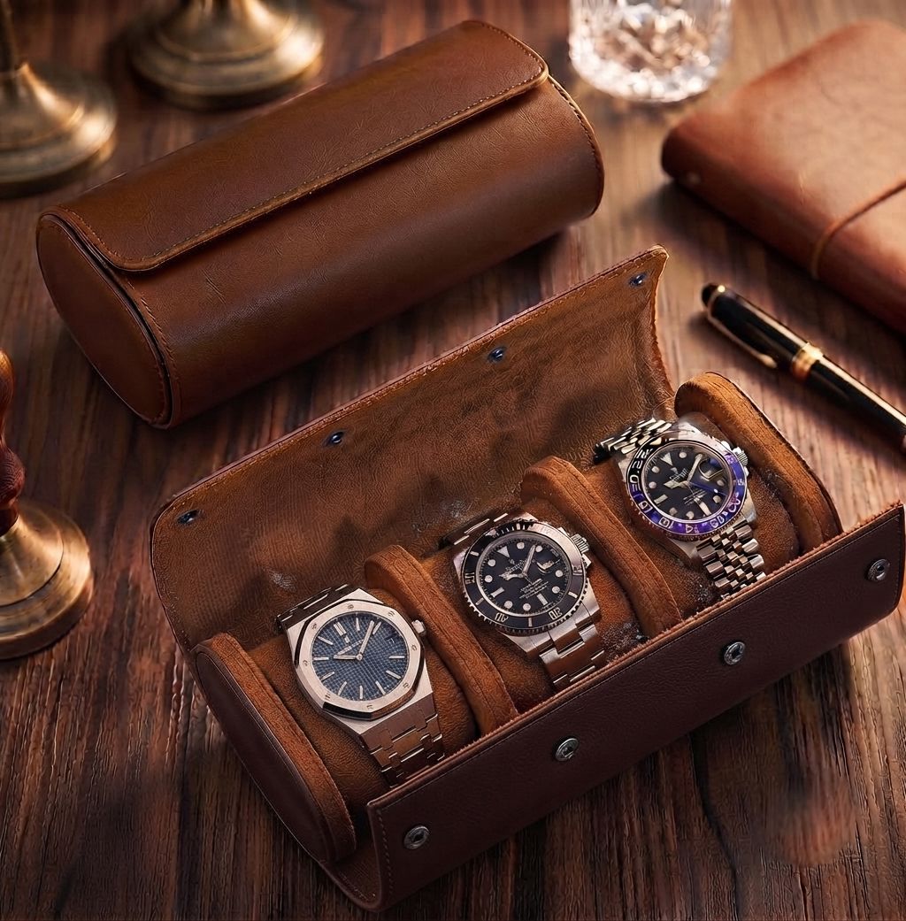 Étui montre de voyage rouleau en cuir premium pour 3 montres - vue principale SwissTouch