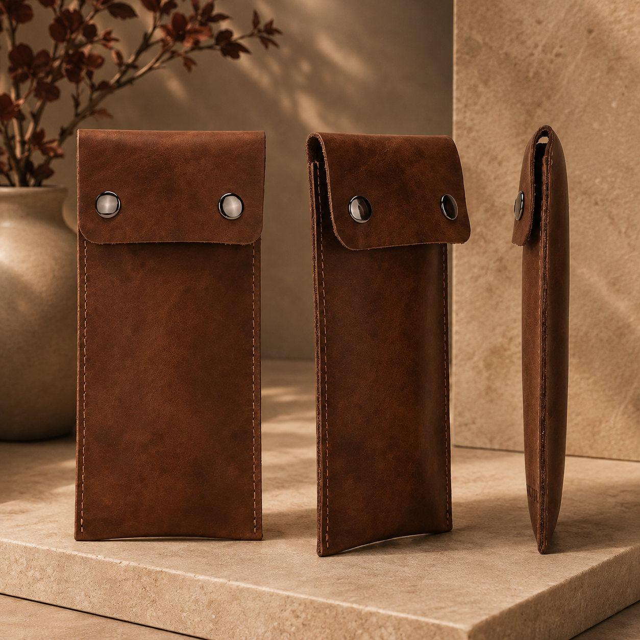 Étui de voyage cuir compact - détail du cuir véritable
