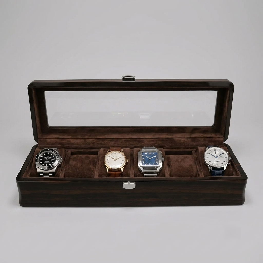 Écrin en Bois pour 6 Montres – Coffret de Rangement Premium Acajou avec Fenêtre Vitrée | SwissTouch