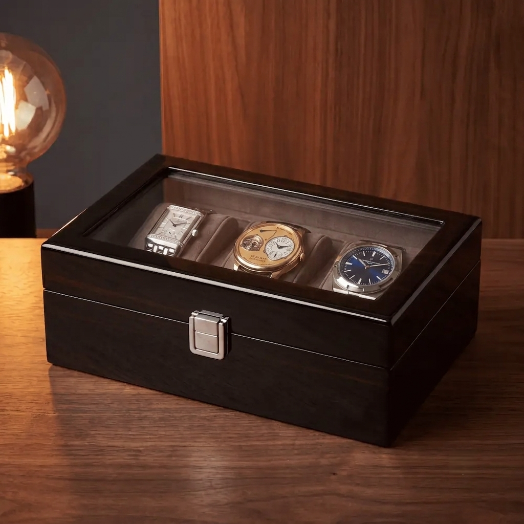 Écrin en Bois pour 3 Montres – Coffret de Rangement Premium avec Fenêtre Vitrée | SwissTouch