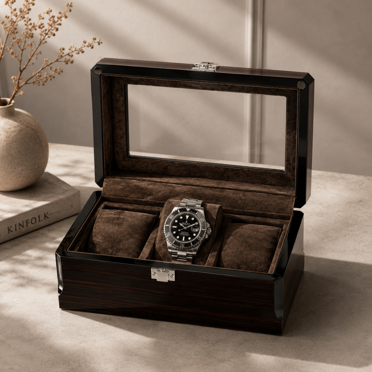 Boîte à montre pour 3 montres coffret de rangement premium avec fenêtre vitrée - vue principale