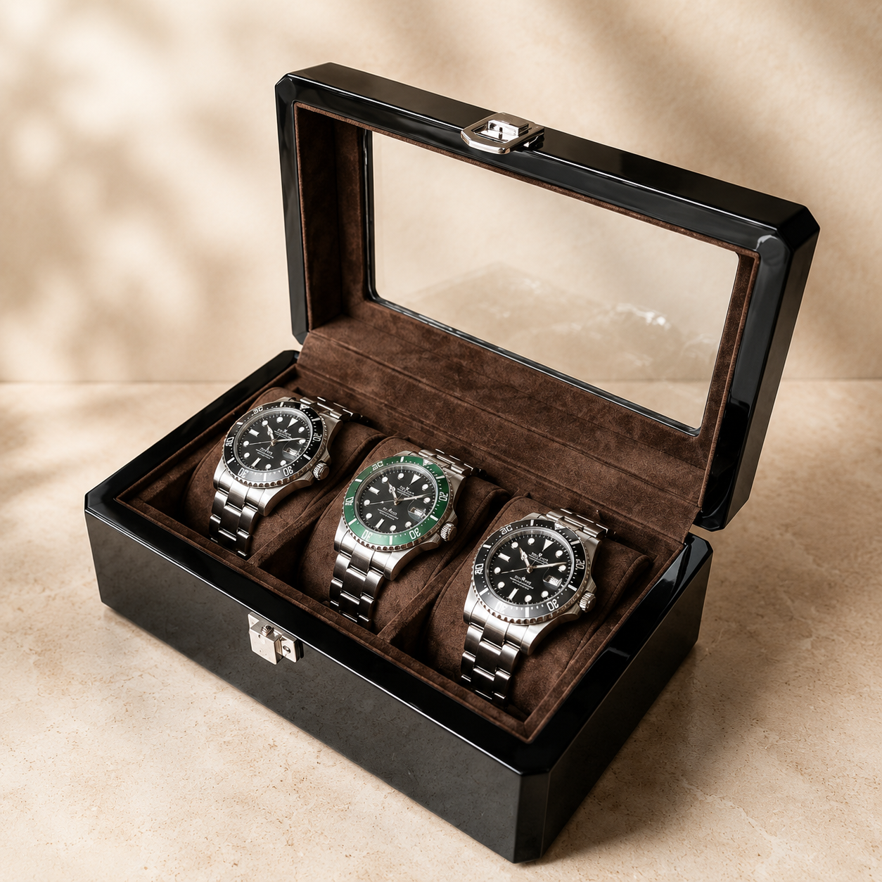Boîte à montre 3 montres - détail du rangement intérieur