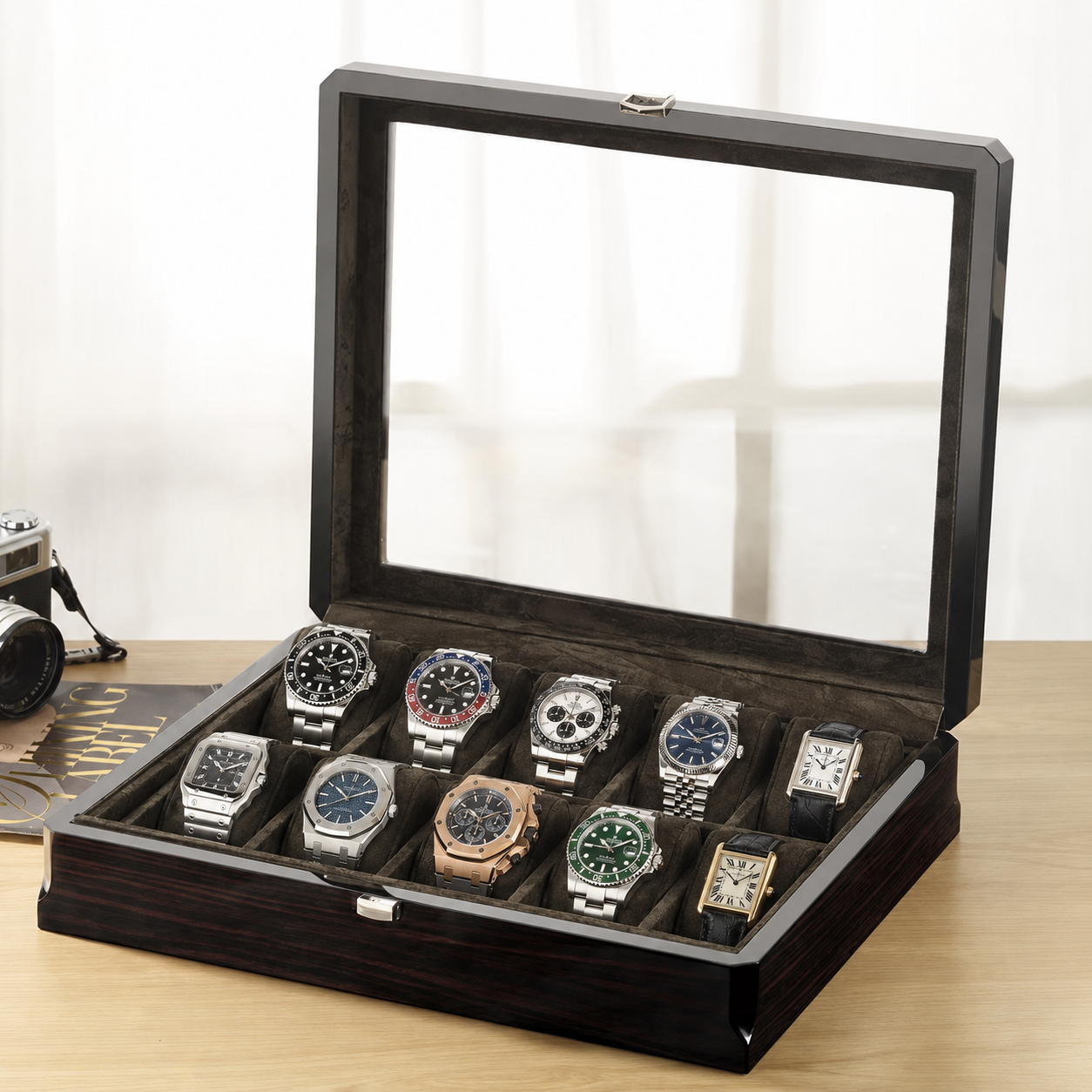 Boîte à montre pour 12 montres noir intense ou bois naturel - vue principale