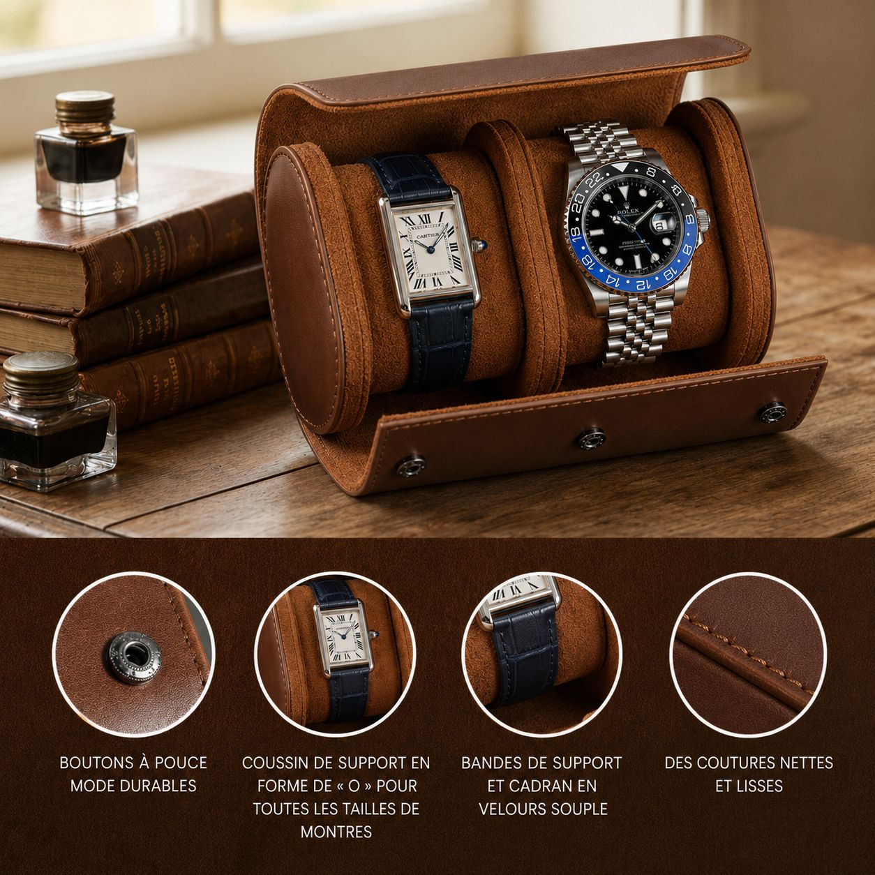 Étui montre de voyage 2 montres - fermé en rouleau