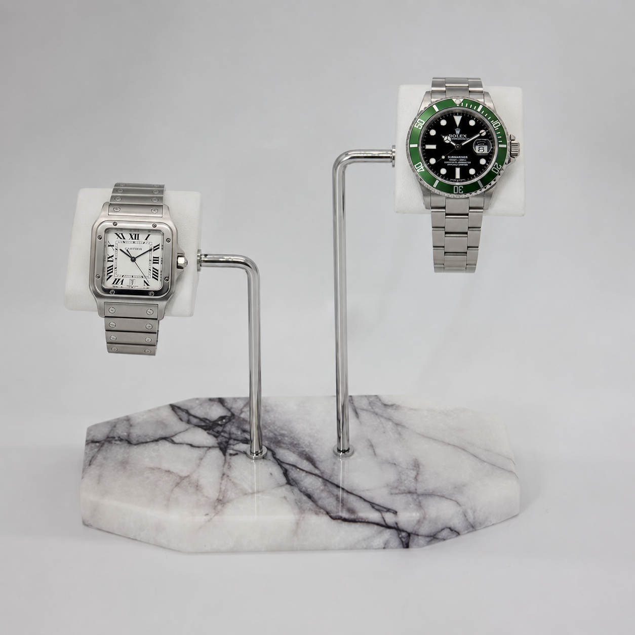 Présentoir montre de luxe 2 montres socle en marbre et coussins cuir - vue principale