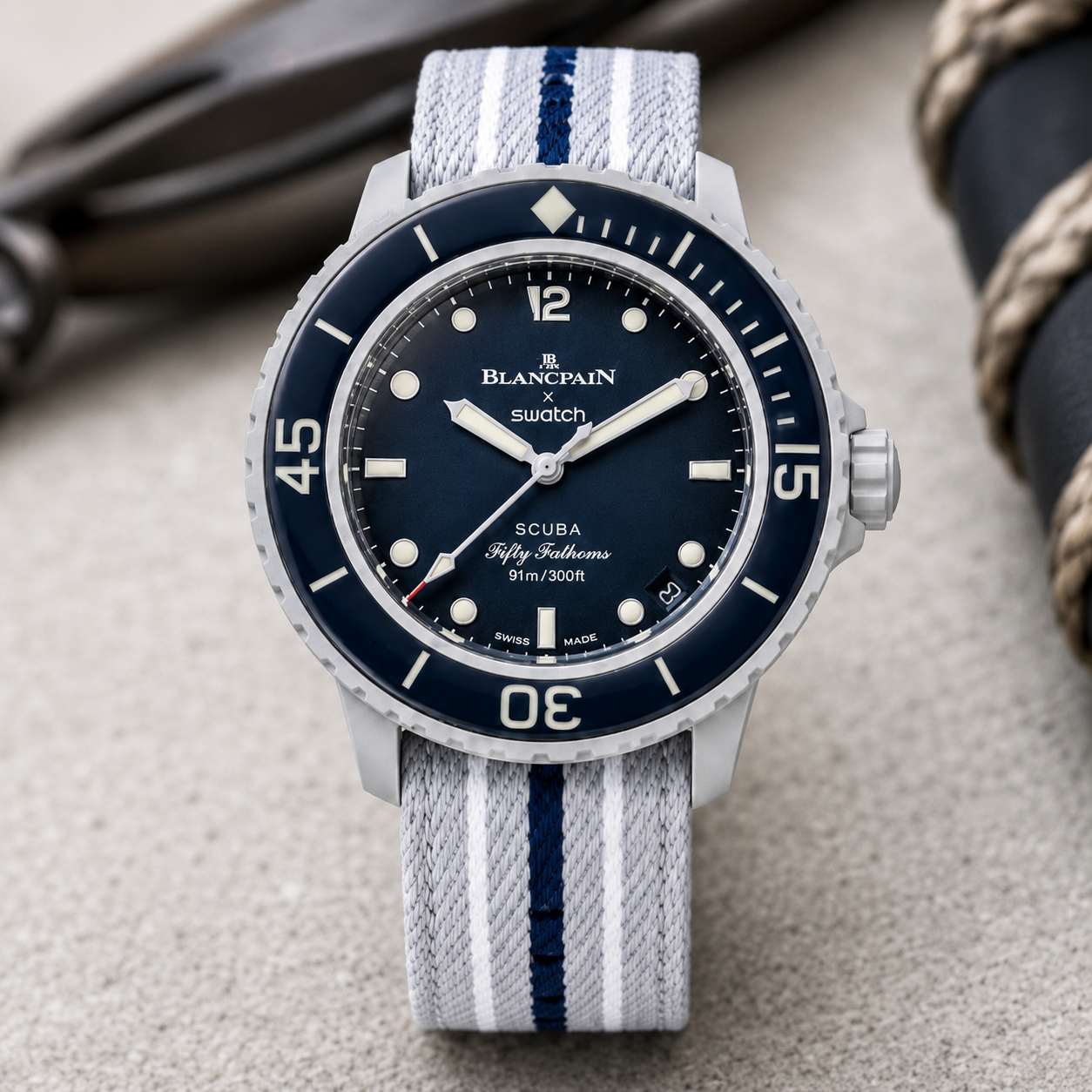 Bracelet NATO Swatch Blancpain - vue porté au poignet