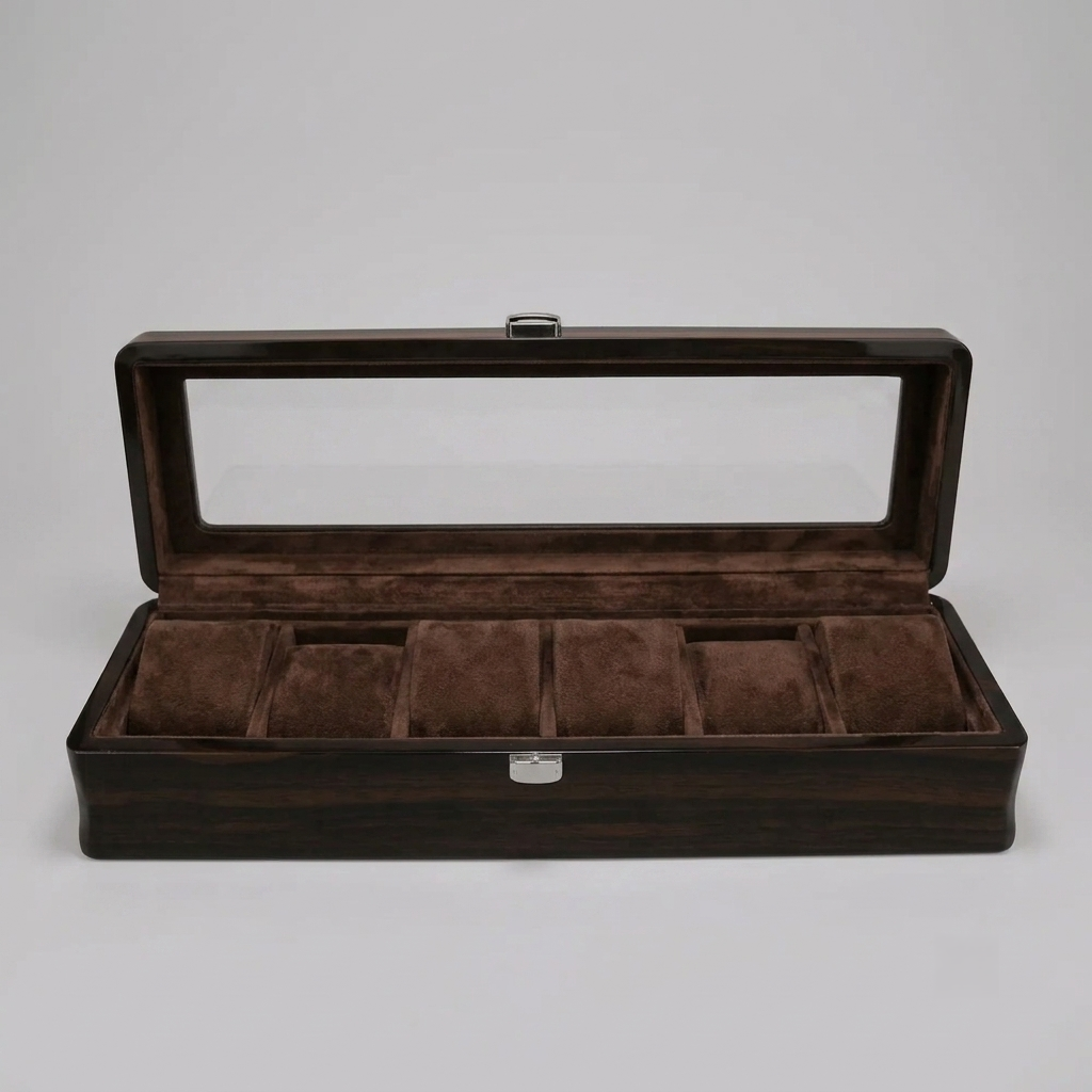 Écrin en Bois pour 6 Montres – Coffret de Rangement Premium Acajou avec Fenêtre Vitrée | SwissTouch