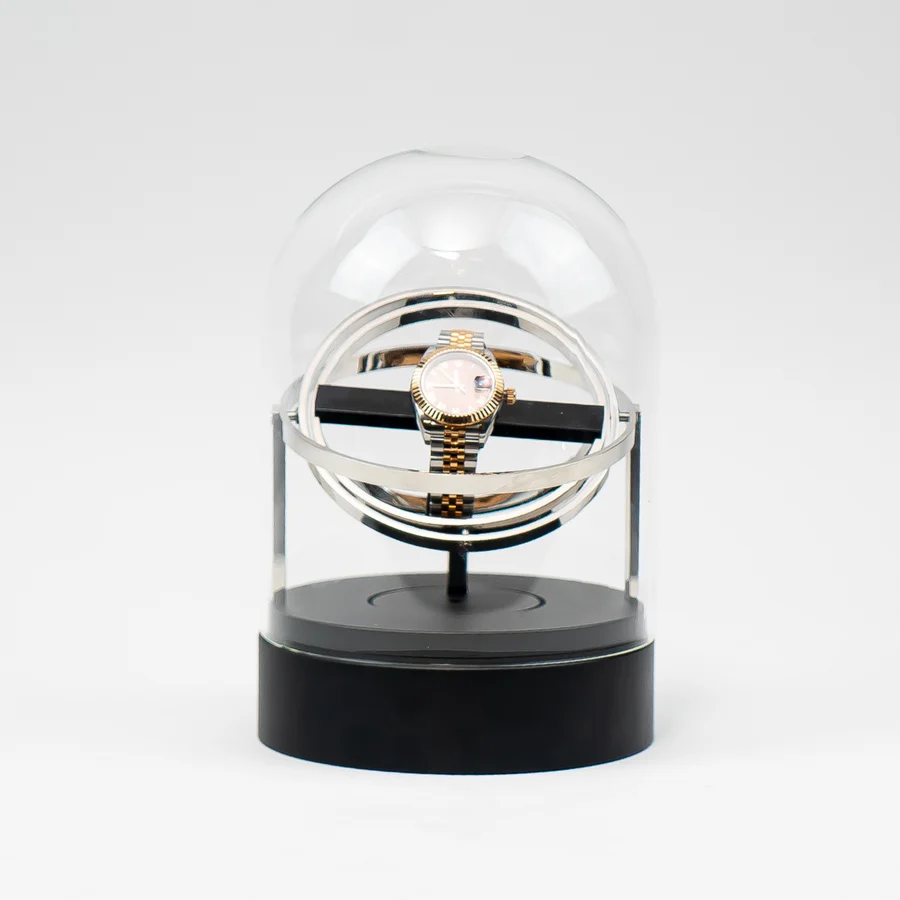Remontoir gyroscopique sous cloche en verre - vue principale présentation premium pour montre automatique