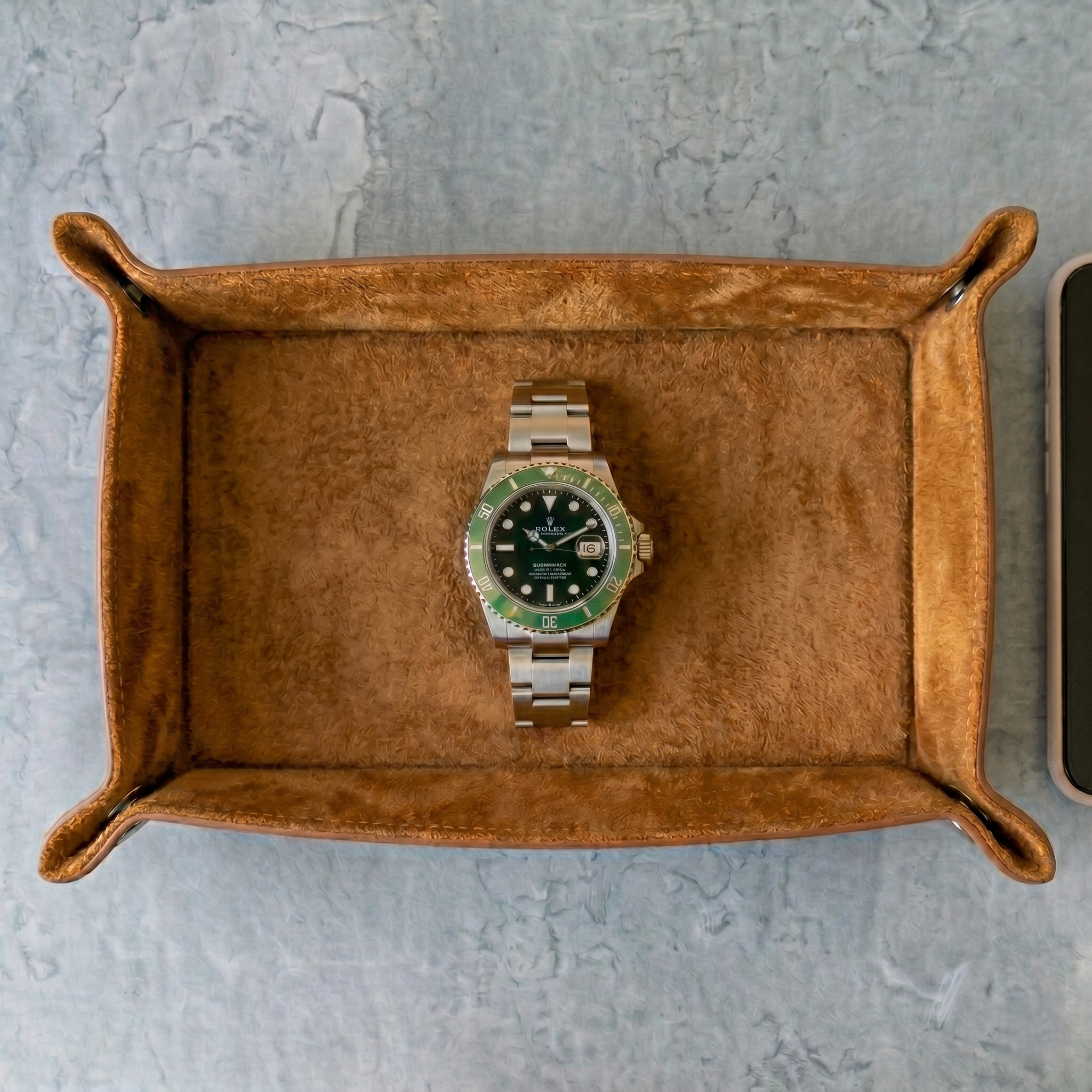 Valet tray cuir - vue de dessus, rangement objets